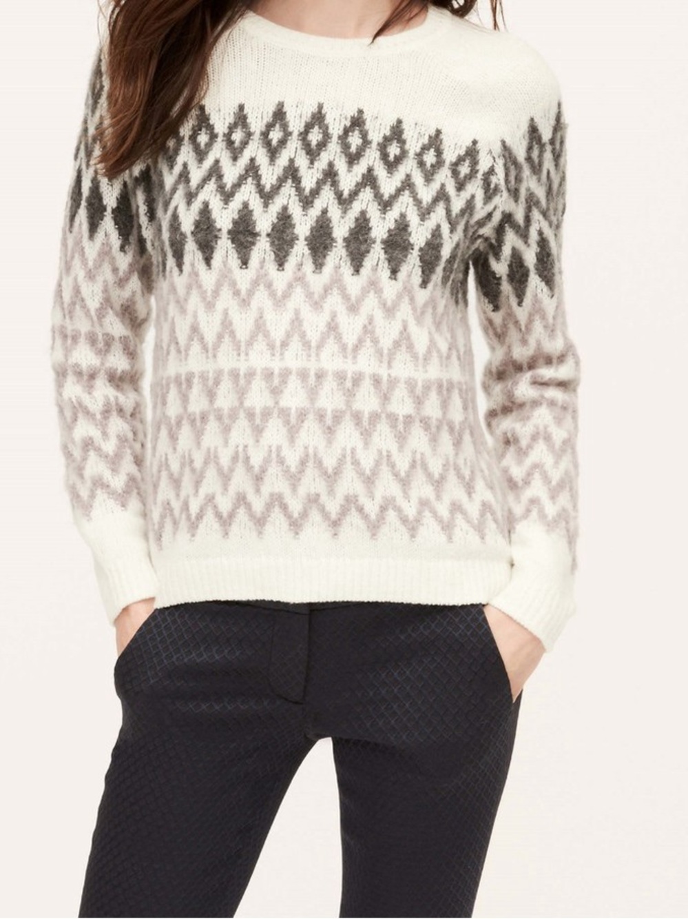 Loft Cozy Fair Isle Crewneck Sweater - Ivory and Grey